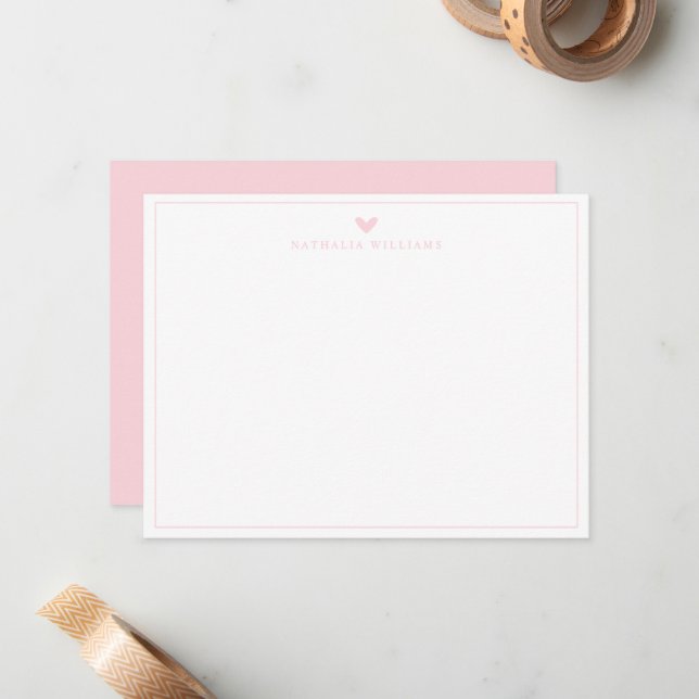 Cartão De Notas Modern Script Pink Heart Border Monogram Note Card (Frente/Verso In Situ)
