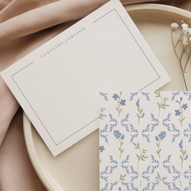 Cartão De Notas Modern Simple Blue Floral Flat Note Card (Criador carregado)
