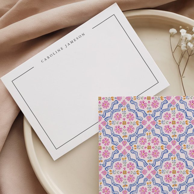 Cartão De Notas Modern Simple Floral Pink Name Flat Note Card (Criador carregado)