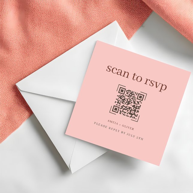 Cartão De Notas Modern Soft Pink QR Code Wedding  Online RSVP Card (Criador carregado)