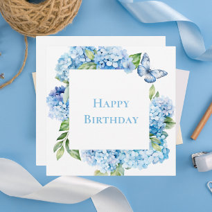 Cartão De Notas Moderno Feliz Aniversário Azul Hortênsia Chic