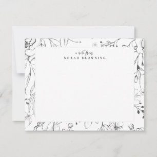 Cartão De Notas Moderno Script Personalizado Floral Preto e Branco