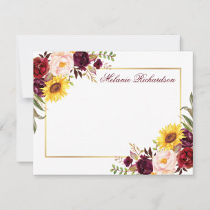 Cartão De Notas Moldura Dourada de Borgonha Floral de Aquarela Per