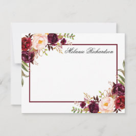 Cartão De Notas Moldura Floral de Borgonha de Aquarela Personaliza