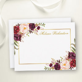 Cartão De Notas Moldura Floral Dourada Personalizada para Burgundy