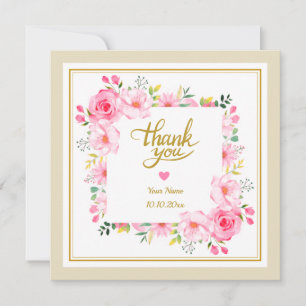 Cartão De Notas Moldura Floral Rosa em Aquarela Romântica e Coraçã