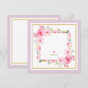 Cartão De Notas Moldura Floral Rosa em Aquarela Romântica e Coraçã