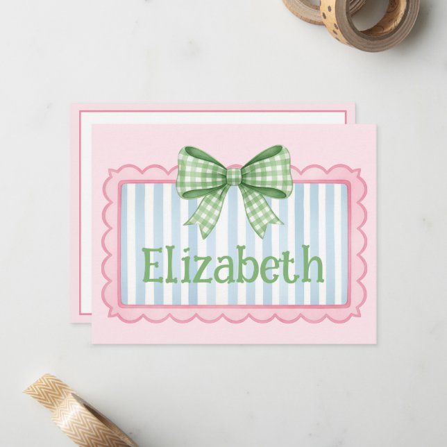 Cartão De Notas Moldura Rosa e Azul Com Laço de Gingham Verde (Frente/Verso In Situ)