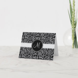 Cartão De Notas Monogram Initial Black Gray Damask Floral Pattern