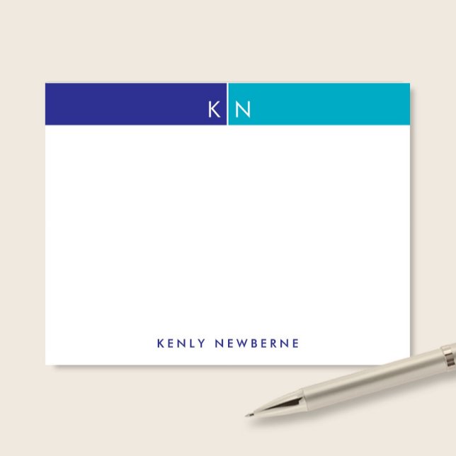 Cartão De Notas Monogram Initials Blue & Turquoise Band Stationery (Criador carregado)