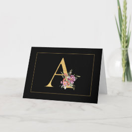 Cartão De Notas Monograma A Elegante a Ouro com Flores Rosas