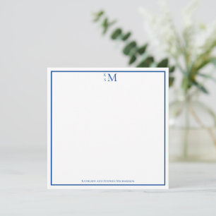 Cartão De Notas Monograma Azul Branco Casal Casamento Elegante