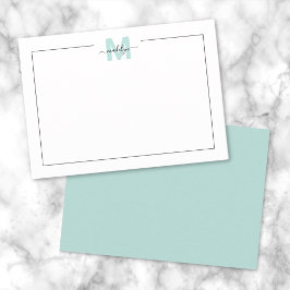 Cartão De Notas Monograma Azul Teal Minimalista em Script