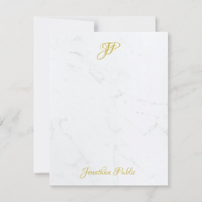 Cartão De Notas Monograma branco com script Dourado elegante (Frente)