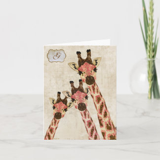 Cartão De Notas Monograma branco Notecard de Rosa & dos girafas de