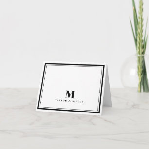 Cartão De Notas Monograma Chic com Duas Bordas Preto e Branco