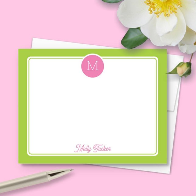 Cartão De Notas Monograma Circular Préppy Rosa e Verde Lima (Criador carregado)