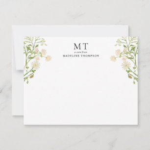 Cartão De Notas Monograma Clássico de Flores Brancas Elegante