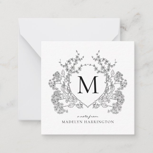 Cartão De Notas Monograma Clássico de Pó Floral Branco e Preto (Frente)