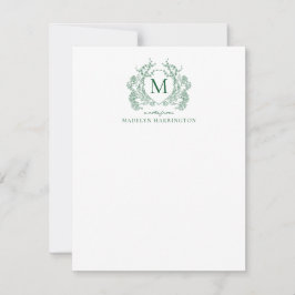 Cartão De Notas Monograma Clássico Floral Verde Vintage Crest