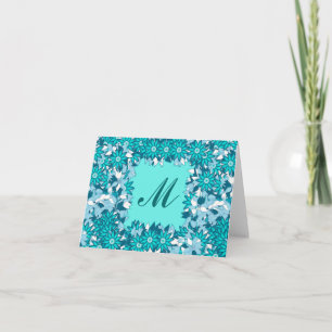 Cartão De Notas Monograma com flores - azul e branco