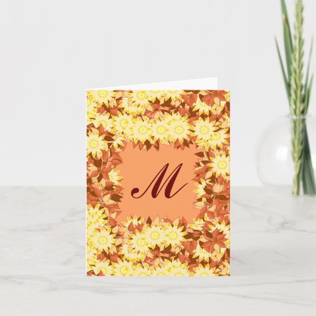 Cartão De Notas Monograma com flores - cacau e amarelo (Frente)