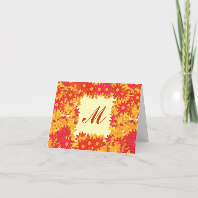 Cartão De Notas Monograma com flores - vermelho e ouro (Frente)