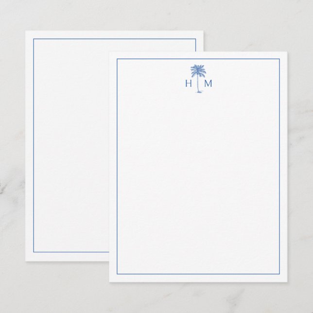 Cartão De Notas Monograma da árvore Palmetto de Palma Azul e Branc (Frente/Verso)
