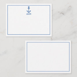 Cartão De Notas Monograma de Âncora Náutica Simples Azul e Branco