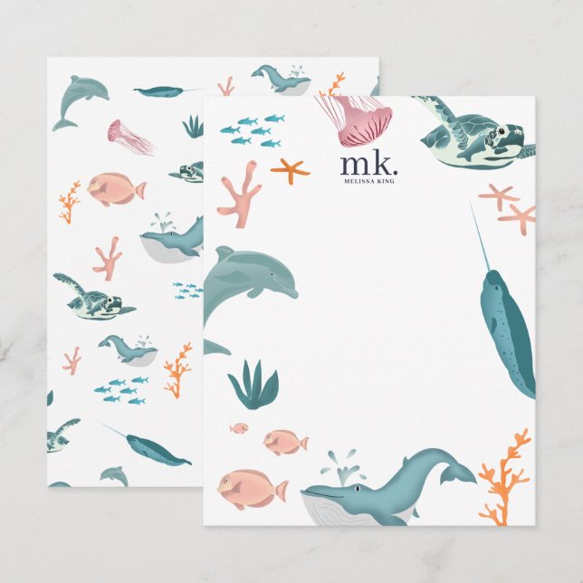 Cartão De Notas Monograma de Animais do Oceano Oceano Aquarela (Frente/Verso)
