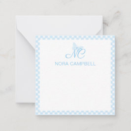 Cartão De Notas Monograma de Bebê Azul Gingham Personalizado