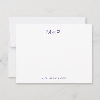 Cartão De Notas Monograma de Casal Contemporâneo Roxo Elegante