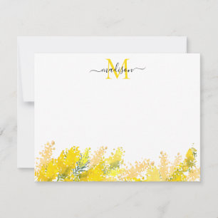 Cartão De Notas Monograma de Cor de Água Floral Mimosa Amarelo Mod