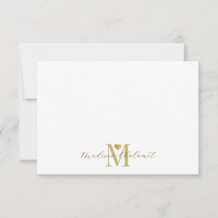 Cartão De Notas Monograma de Coração Dourado em Letra Manuscrita M