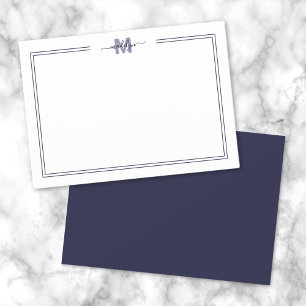Cartão De Notas Monograma de duas bordas minimalista azul marinho