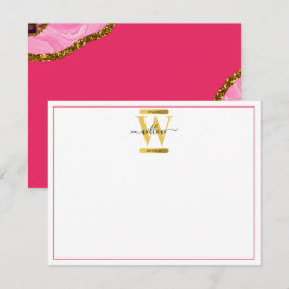 Cartão De Notas Monograma de Glitter de Geodo de Agato Rosa e Dour