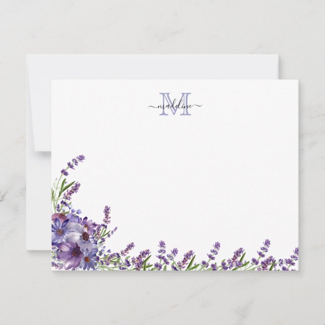 Cartão De Notas Monograma de Lavanda Floral Roxo de Script Elegant (Frente)