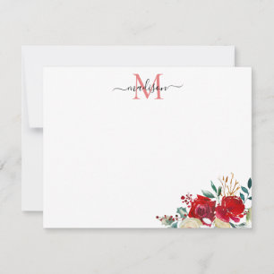 Cartão De Notas Monograma de Natal Floral Vermelho Bagas Azevinho