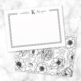 Cartão De Notas Monograma de Nome Floral Preto Branco