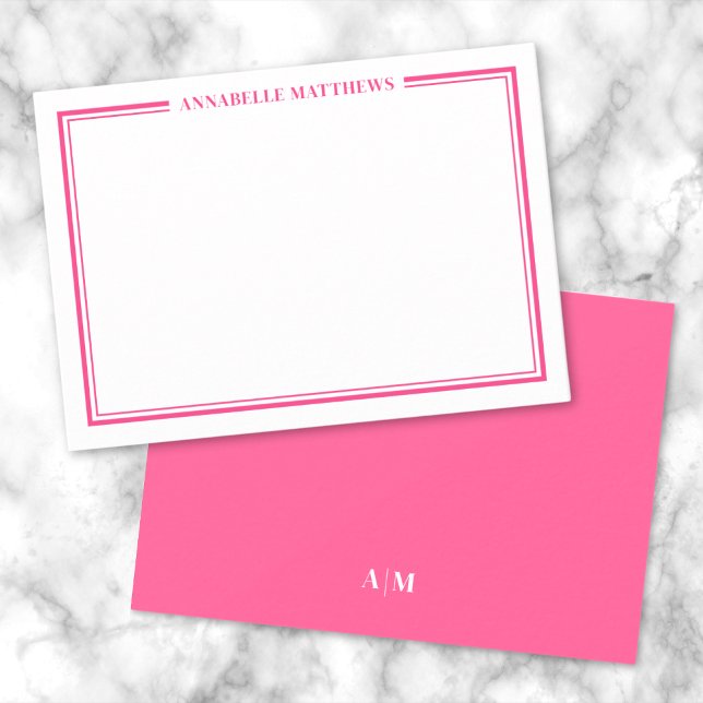 Cartão De Notas Monograma de Nome Minimístico de Borda Rosa Quente (Hot Pink Two Border Minimalist Name Monogram Note Card)