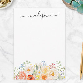 Cartão De Notas Monograma de Nome Personalizado Aquarela Floral En