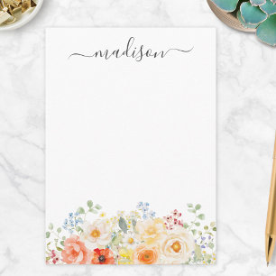 Cartão De Notas Monograma de Nome Personalizado Aquarela Floral En