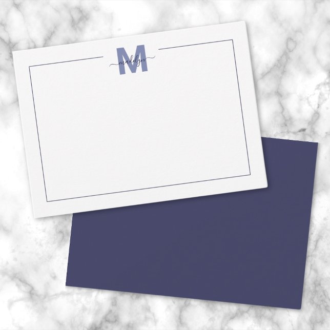 Cartão De Notas Monograma de Nome Simples e Azul do marinho (Navy Blue Simple Minimalist Name Monogram Note Card )