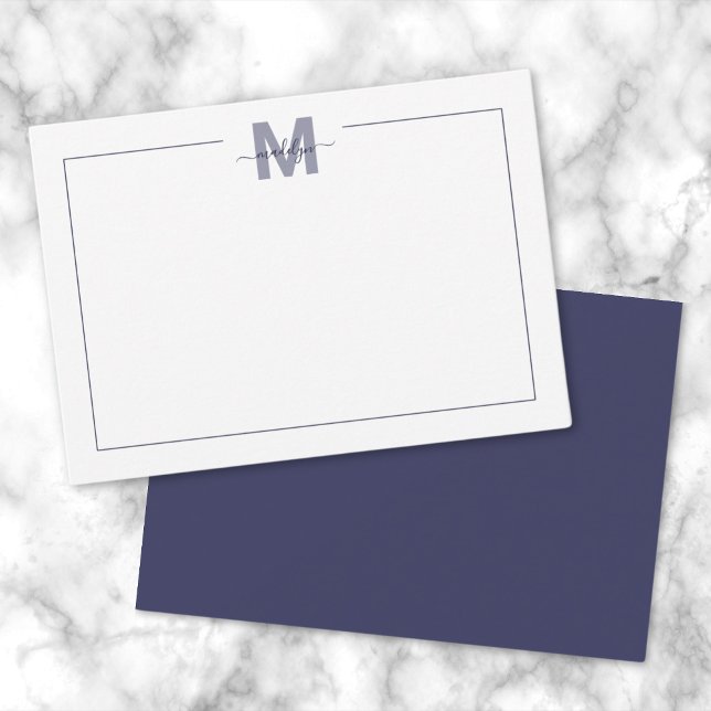 Cartão De Notas Monograma de Nome Simples e Azul do marinho (Navy Blue Simple Minimalist Name Monogram Note Card)