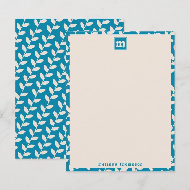 Cartão De Notas Monograma de padrão de folha retrô azul 70s (Frente/Verso)
