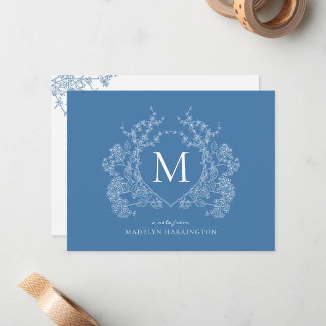 Cartão De Notas Monograma de repouso floral azul moderno francês (Frente/Verso In Situ)