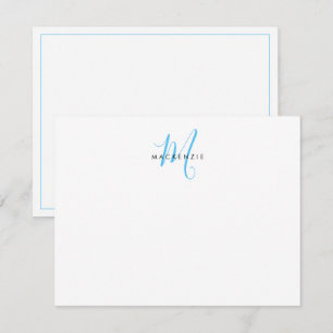 Cartão De Notas Monograma de Script Azul do Céu Branco Moderno Ele