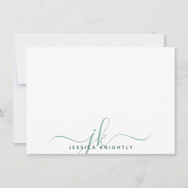 Cartão De Notas Monograma de Script Moderno Inicial Verde Mínimo (Frente)