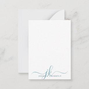 Cartão De Notas Monograma de Script Teal Elegante Inicial Minimali