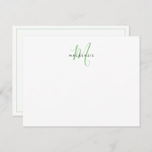 Cartão De Notas Monograma de Script Verde Branco Moderno Elegante